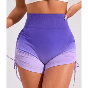 กางเกงขาสั้นเล่นกีฬาแบบเชือกรูดไล่ระดับสีสำหรับผู้หญิงกางเกงออกกำลังกายเอวสูงกางเกงรัดรูปเอวสูงผ้าพีชสะโพกยืดหยุ่น - Product Image 6