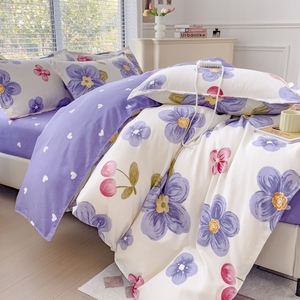 In Vải 4 Pcs Bộ Đồ Giường Đặt Được Trang Bị Tấm Ga Giường <span class=keywords><strong>King</strong></span> Kích Thước Tấm Giường Sâu Được Trang Bị Tấm Gối Trường Hợp Màu Tím Hoa Bộ Đồ Giường Đặt - Product Image 4