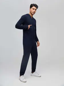 Macacão de algodão para inverno com zíper, peça única, pijama de bambu térmico para homens