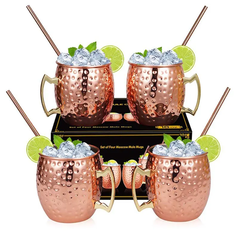 Özel 16oz Moscow Mule kupaları dövülmüş bardak paslanmaz çelik saf bakır kupalar altın kolu ile moskova Mule bakır kupa için kokteyl