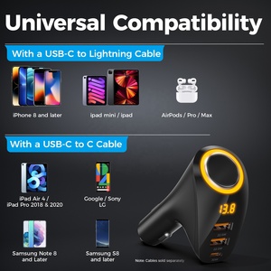 ที่ชาร์จในรถเร็วแบบ USB <span class=keywords><strong>Type</strong></span> <span class=keywords><strong>C</strong></span> ขนาด75วัตต์ PD 3.0 SCP มีคุณสมบัติที่จุดบุหรี่แยกอะแดปเตอร์แสดงแรงดันไฟฟ้าฟังก์ชั่นการชาร์จอย่างรวดเร็ว - Product Image 5