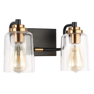 Lámpara de Pared de Diseño Moderno para Baño con Acabado Negro Mate y Latón y Pantalla de Cristal Transparente - Product Image 1