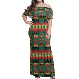 Mode Retro Indonesisch Tribaal Totemprint Damesjurk Sexy Off-Shoulder Gegolfde Lange Jurk Custom Feestjurk Drop Shipping