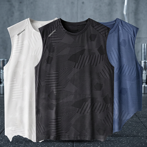<b>Men's</b> Geometric Print Quick Dry Knitted Tank Tops O-Neck Sleeveless Sporty <b>Vest</b> in <b>White</b> Black Blue - Product Image 4