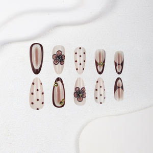 Faux ongles à presser en amande, 24 pièces, motif floral à pois <span class=keywords><strong>marron</strong></span> avec perles dorées, réutilisables, couverture complète, vente en gros - Product Image 3