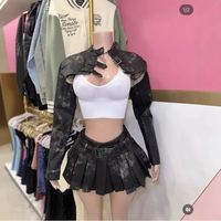 Ensemble jupe et veste en cuir PU de haute qualité pour femme, veste courte et jupe plissée, ensemble 2 pièces sexy vintage en cuir pour femme
