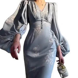 Französische Vintage Laterne Langarm Korsett Satin Fee Abendkleid Gedruckt Elegante Meerjungfrau Maxi Modest Kleid