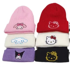 Wholesale Cartoon Sanrioed Knitted Hat Kulomi Kitten Cat Anime Adult Pullover Hat Embroidery Beanies