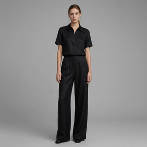Women's Black Short Sleeve Zip Polo <b>Top</b> <b>and</b> Wide Leg Pants <b>2</b> <b>Piece</b> Long <b>Set</b> - Product Image 1