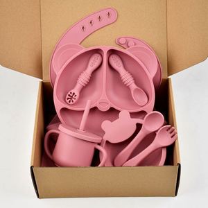 Juego de alimentación de silicona para bebés con forma de oso, plato, tenedor, cuchara, tazón con ventosa, apto para lavavajillas, utensilios de comedor para niños - Product Image 2