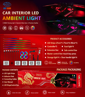Kit complet d'éclairage d'ambiance intérieur de voiture avec contrôle vocal par application, synchronisation musicale, zones de couleurs mixtes, bande LED pour poignée de porte et éclairage LED pour voiture