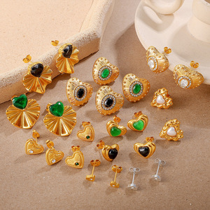 Heart-Shaped Stud <b>Earrings</b> Gold Plated Zinc Alloy With <b>Green</b> Black Stone Bezel Setting For Women Fashion Jewelry - Product Image 1