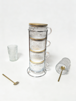 Ensemble de 9 tasses à café en verre de style campagnard sans BPA, avec couvercles en bambou, cuillères en cuivre, support en acier inoxydable, décoration de table pour la maison et la cuisine