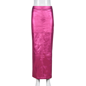 Nouvelle <span class=keywords><strong>jupe</strong></span> en <span class=keywords><strong>cuir</strong></span> vert à fente arrière avec fermeture éclair latérale, design tendance pour femmes, <span class=keywords><strong>jupe</strong></span> longue métallique Y2K - Product Image 5