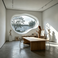 . Fenêtre fixe ronde en aluminium à cadre plein pour mur-rideau, avec vue sur le jardin, aspect acier, sur mesure