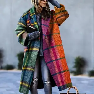 Wholesale Fashion Printed Plaid Abrigos Para Mujeres Aztec Winter Warm Wool Coat Turndown Long Coat For Women Ladies