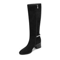 Bottes hautes noires en faux daim pour femme Moncheer avec fermeture éclair, boucle à nœud en cristal, bout carré et talon carré – Mode été-hiver