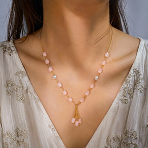 Collier personnalisé plaqué rhodium avec perles ovales en quartz rose, pendentif cascade à pampilles, chaîne en câble, ensemble de bijoux de luxe pour femme, idéal pour mariée - Product Image 1