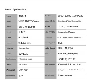 กล้อง PTZ HD 1080P ซูม 10 เท่า 2.1MP หมุนได้ 330 องศา สำหรับการประชุมทางวิดีโอ ควบคุมระยะไกล โรงงานผลิตโดยตรง ห้องประชุม บริษัท ประชุม - Product Image 6