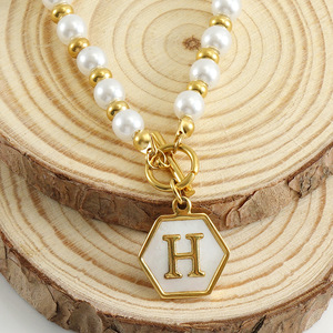 Pearl Chain Necklace Hexagon Pendant Letter B Imitation Pearl Gold Plated Unisex Everyday Wearing - Product Image 4