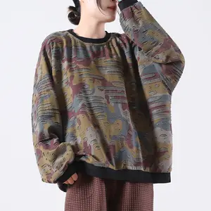 blusa cam Suppliers-Sudadera de estilo coreano y japonés para mujer, ropa para Parte Superior Femenina, con cuello redondo, estilo Retro, holgada, de manga larga y camuflaje, con efecto rasgado