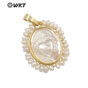 WT-JP254 Chaude à la main sculpté coquille blanche Sacré Coeur pendentif femmes fil enroulé avec perle charme en Marie coeur coquille - Product Image 1