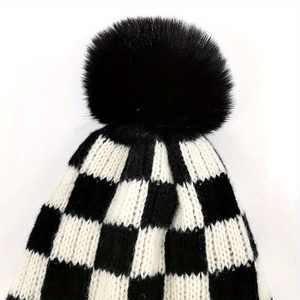 Women Autumn Winter Checkerboard Patterned Woolen Ball Knitted Hat Custom Warm Soft Ear Protection Winter Cap <strong>Pom</strong> <strong>Pom</strong> <strong>Beanie</strong> - Product Image 6