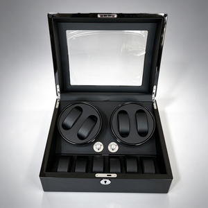 Boîte à remontoir automatique pour 2 montres en bois noir avec 6 emplacements de rangement et serrure pour la vente en gros - Product Image 2
