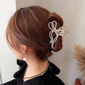 Épingle à cheveux en métal doré en alliage coréen, perle de cristal, pince à cheveux pour filles, accessoires de cheveux, nœud papillon, griffe de cheveux