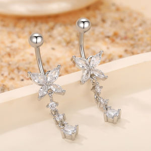 स्टेनलेस स्टील बाहरी थ्रेडेड राउंड ज़िरकॉन डांगले शरीर के भेदी गहने दिल पेट बटन छल्ले - Product Image 2