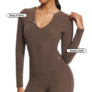 Camiseta de Yoga de Manga Larga con Cuello en V para Mujer, Compresión Deportiva, Elástica, Ajustada, Transpirable, con Estiramiento en Cuatro Direcciones - Product Image 5