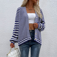 Cardigan en tricot personnalisé pour femme, col en V, manches ballon, boutons sur le devant, rayé, coloré, décontracté et tendance