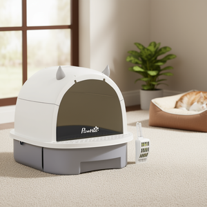 Lettiera per gatti coperta grigia ovale con coperchio facile da pulire, funzionamento manuale per la privacy - Product Image 2