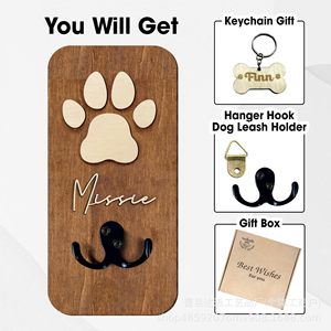 Wooden Wall Mounted Dog Leash Rack Pet Harness <b>Hook</b> Holder Entryway Collar Storage Rack Durable Rectangle Brown Light <b>Black</b> - Product Image 2
