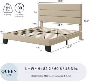 Base de Cama de Plataforma Metálica Tamaño Queen Dwoo con Cabecera Tapizada en Tela y Soporte de Listones de Madera - Product Image 4