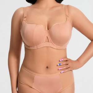 Ensemble de lingerie sexy grande taille à bonnets couvrants pour femme, vente directe usine, ensemble de lingerie couleur unie froncé à décolleté plongeant - Product Image 4