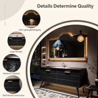 Meuble-lavabo flottant rétro français en bois massif avec vasque en céramique en pierre frittée, armoire miroir LED intelligente