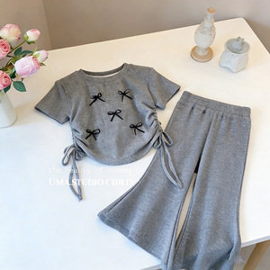Conjunto de Verano 2026 para Niñas, Moderno, con Lazo - Pantalones Cortos Acampanados - Conjunto de Dos Piezas, Top de Manga Corta Dulce y Lindo - Product Image 2