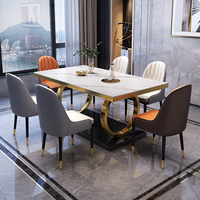 Ensemble table et chaises de salle à manger 6 places, style européen moderne, plateau carré en pierre de luxe légère, pieds en métal, pour hôtel, villa et petits appartements