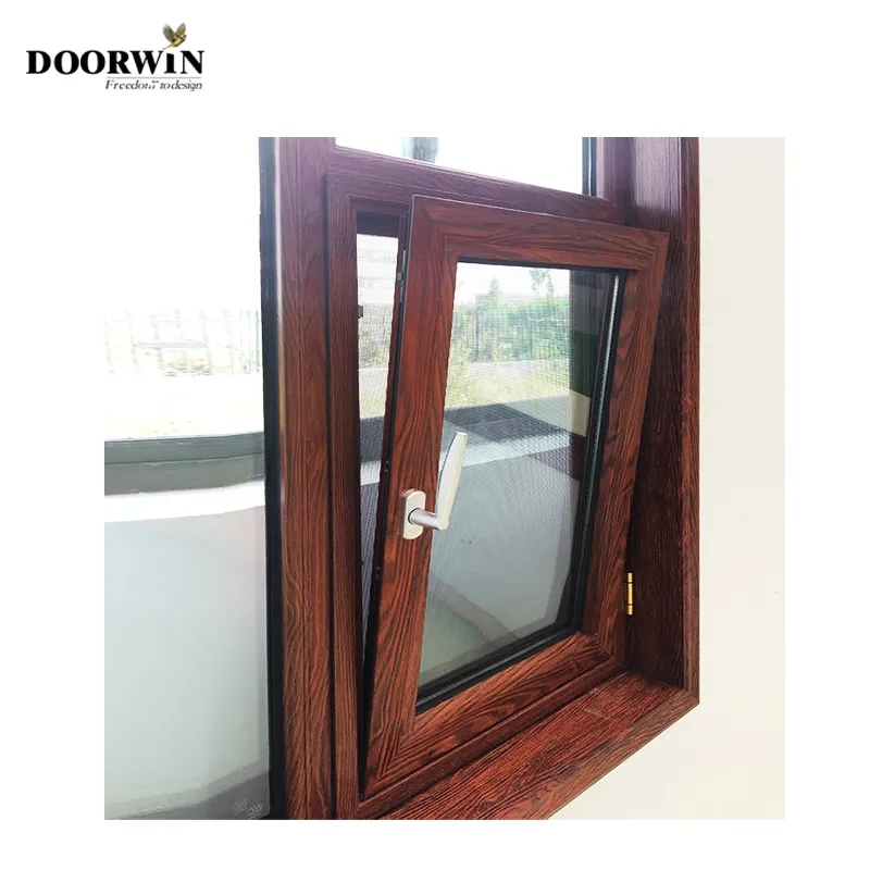 Ventana abatible de aluminio con revestimiento duradero, accesorio de Color personalizado, con mango de importación alemana y pestillo