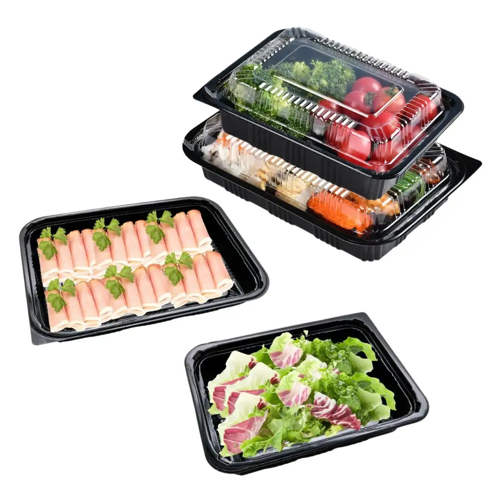 24Oz Wegwerp Afhaalmaaltijden Plastic Voedselcontainer Zwarte Rechthoek Microwava Lunch Bento Voedselverpakking