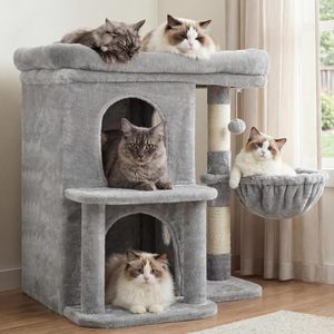 Arbre à chat de 25,6 pouces pour chats de grande taille, tour à chat style escalier avec perchoir supérieur spacieux, condos à double niveau, poteaux en sisal, <span class=keywords><strong>panier</strong></span> douillet avec <span class=keywords><strong>pompon</strong></span> - Product Image 3