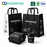 Emballages à emporter HONPAK noirs avec logo personnalisé, boîtes à hamburgers, sacs en papier avec poignée et gobelets pour boissons chaudes pour les dîners
