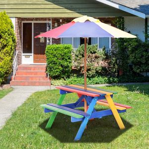 Table de jardin d'extérieur pour enfants <span class=keywords><strong>avec</strong></span> chaise en bois Bancs d'activité <span class=keywords><strong>parasol</strong></span> amovibles pour jardin pour pique-niques et cadres d'escalade - Product Image 1