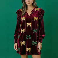 Robe en velours scintillante pour femmes, bordeaux, avec bordure dorée, col Peter Pan, manches longues, robes de fête