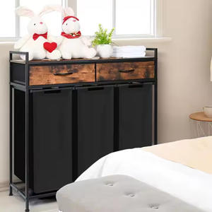 Panier à linge sale Farmhouse 3-Bag | 2 tiroirs cachés et poignées en fonte | Rangement anti-odeurs pour serviettes et linge de maison - Product Image 4