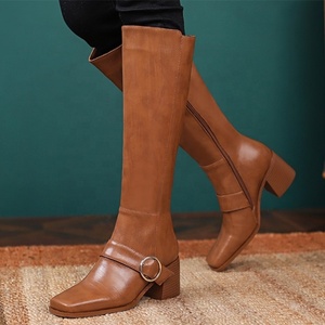Botas de tacón grueso y punta cuadrada con cremallera hasta la rodilla para mujer, estilo occidental, personalizadas, de otoño/invierno, talla grande 45 - Product Image 1