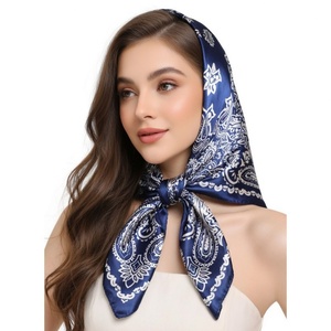 Écharpe carrée en satin de soie bleu marine à imprimé cachemire de luxe pour femmes, classique pour la tête et élégante pour le cou - Product Image 1
