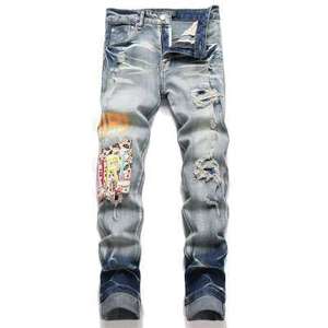 Jean en denim déchiré de créateur pour homme, coupe slim, patchwork, jambe droite, délavé, avec patchs, taille mi-haute, en coton, décontracté - Product Image 1