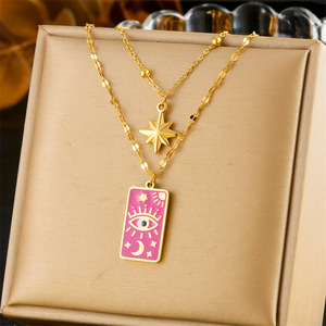Vintage Square Eye Of God Pendant Double Layer Necklace Earrings Set With Star Moon Chain Women's Jewelry Gift - Product Image 2